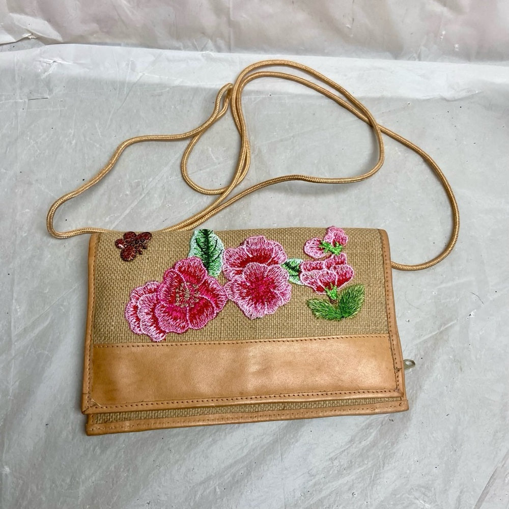 Vintage, Beige Floral  Crossbody Bag with Leather Trim 8in x 5in