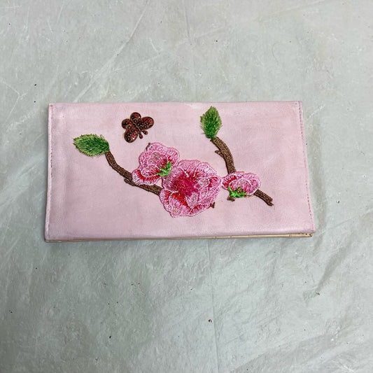 Vintage Pink Leather -Floral Long Wallet 7.5in x 4in