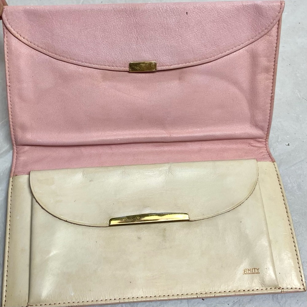 Vintage Pink Leather -Floral Long Wallet 7.5in x 4in