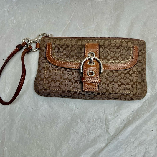 Vintage, Coach Brown Mono Coated Canvas with Tan Leather Compact Wallet-Wristlet