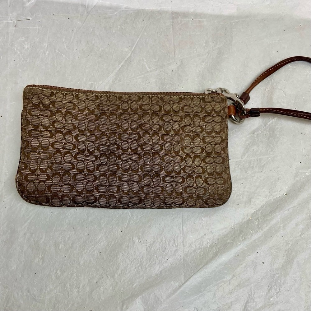 Vintage, Coach Brown Mono Coated Canvas with Tan Leather Compact Wallet-Wristlet