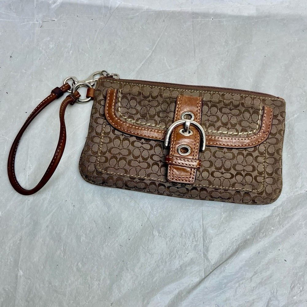 Vintage, Coach Brown Mono Coated Canvas with Tan Leather Compact Wallet-Wristlet