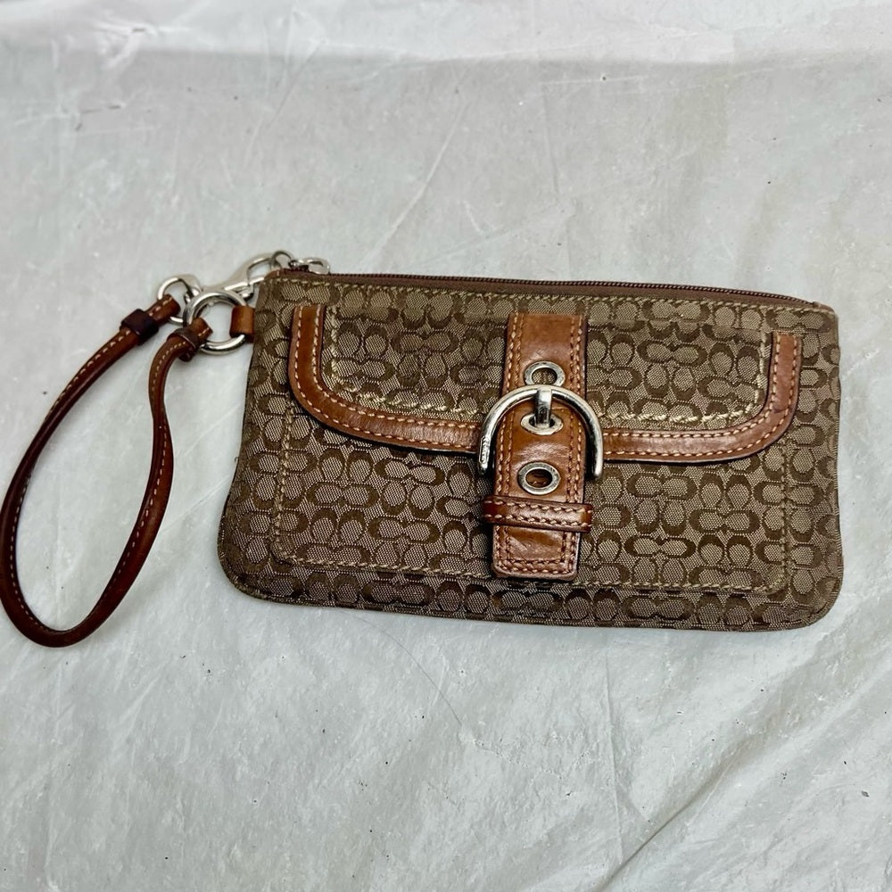 Vintage, Coach Brown Mono Coated Canvas with Tan Leather Compact Wallet-Wristlet