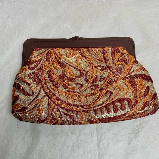 Vintage, Burgundy-Orange Paisley Kisslock Clutch Wallet 8.5in x 5.5in x 1in
