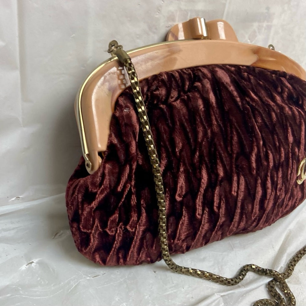 Vintage, Brown Velvet Shoulder Bag W/ Lucite Kisslock Clasp
