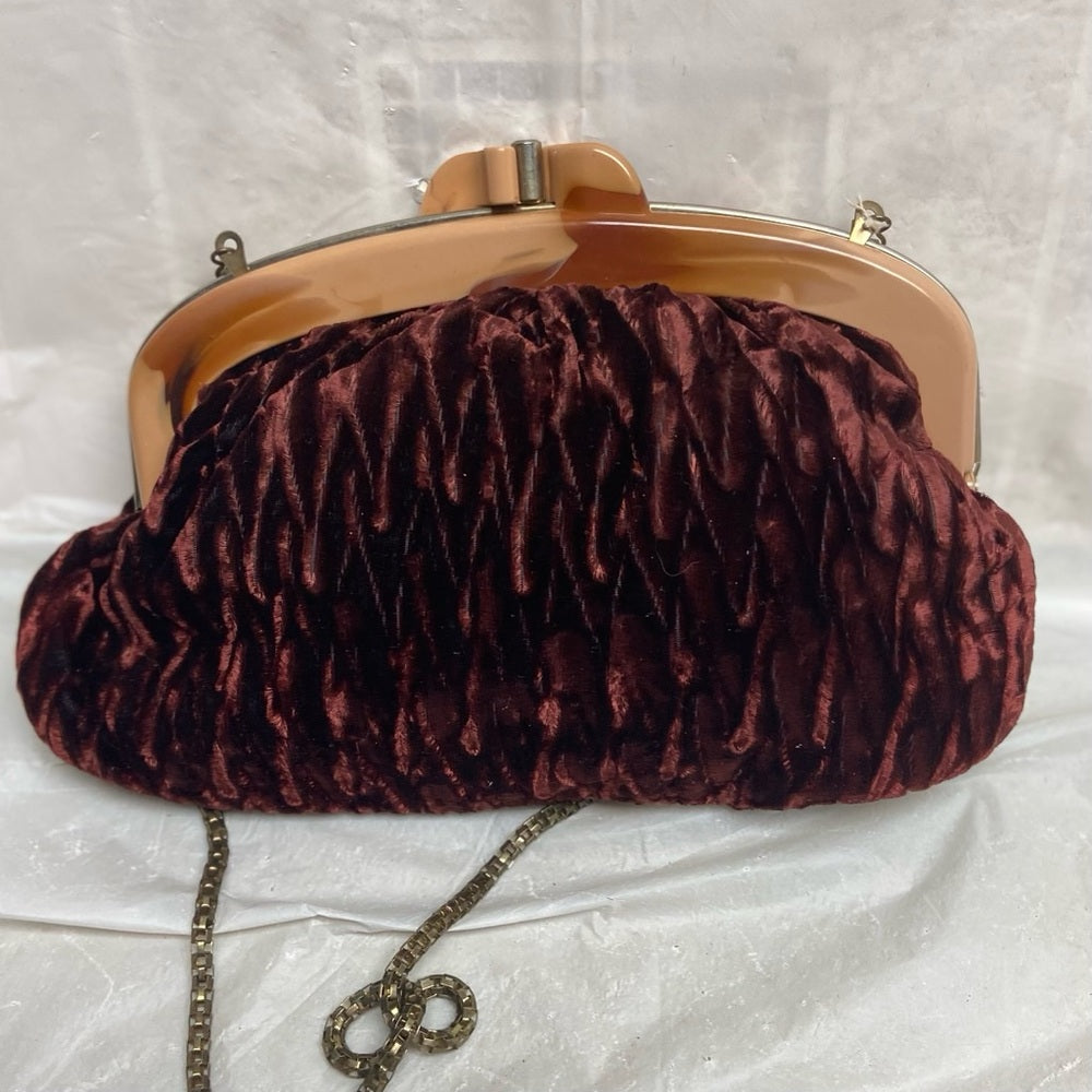 Vintage, Brown Velvet Shoulder Bag W/ Lucite Kisslock Clasp