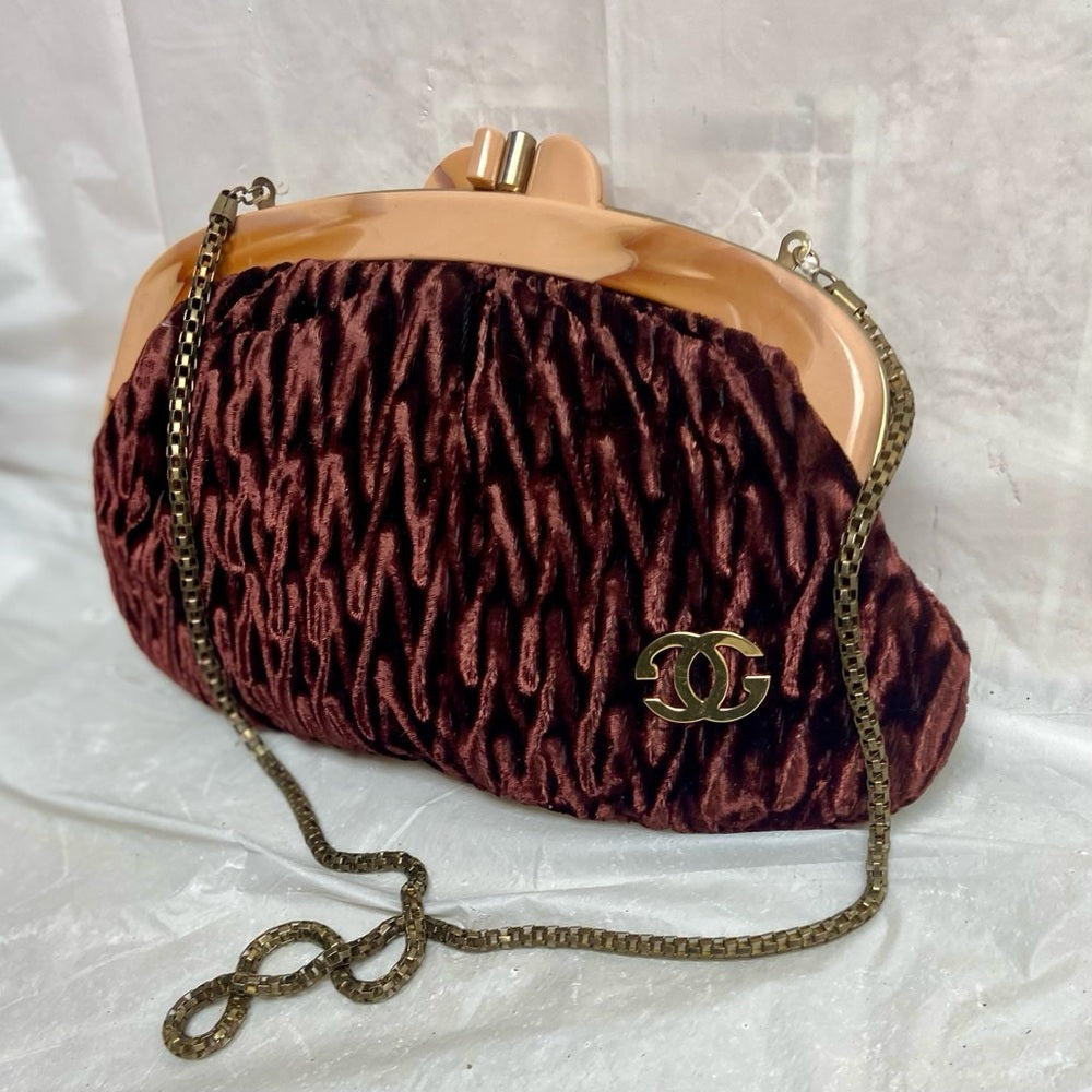Vintage, Brown Velvet Shoulder Bag W/ Lucite Kisslock Clasp