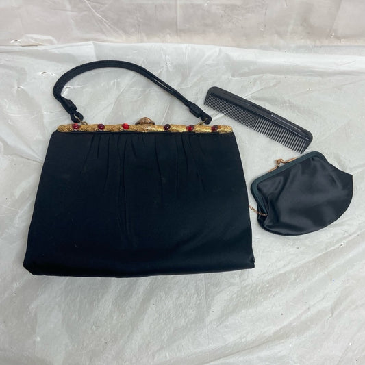 Vintage, Black Satin Evening Bag with Gemstone Clasp , Comb and Coin Purse