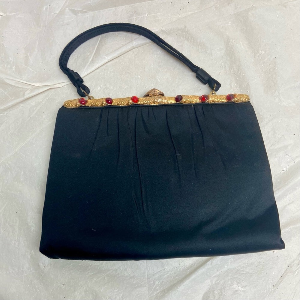 Vintage, Black Satin Evening Bag with Gemstone Clasp , Comb and Coin Purse