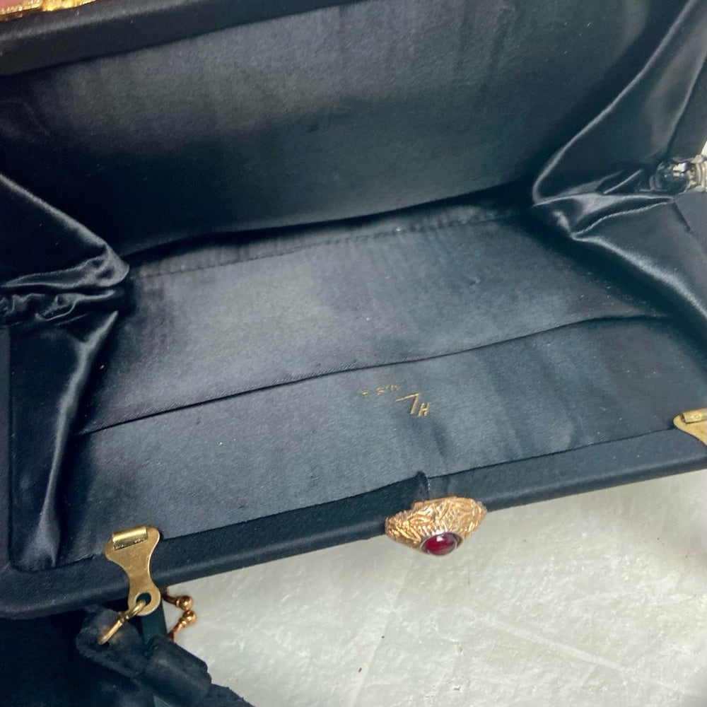 Vintage, Black Satin Evening Bag with Gemstone Clasp , Comb and Coin Purse