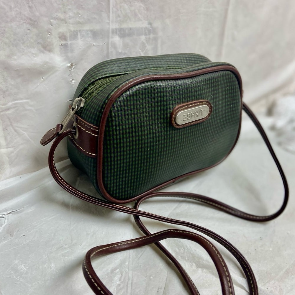 Vintage, Esprit Small Green Checkered Crossbody  Bag 7in x 4.5in x 3in