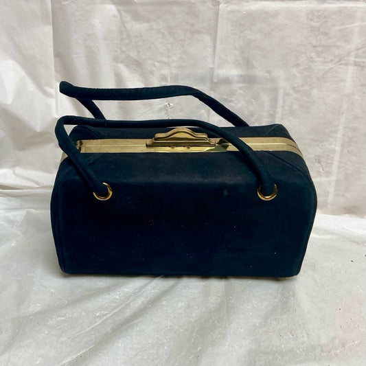 Vintage, Black Suede Leather, Boxy Gold Clasp Handbag 8in x 4.5in x 3.5in