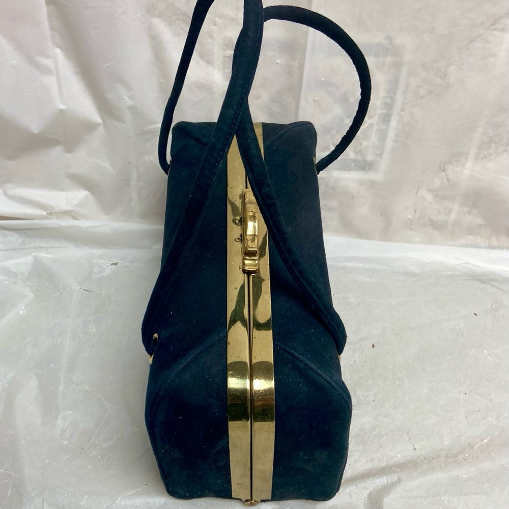 Vintage, Black Suede Leather, Boxy Gold Clasp Handbag 8in x 4.5in x 3.5in
