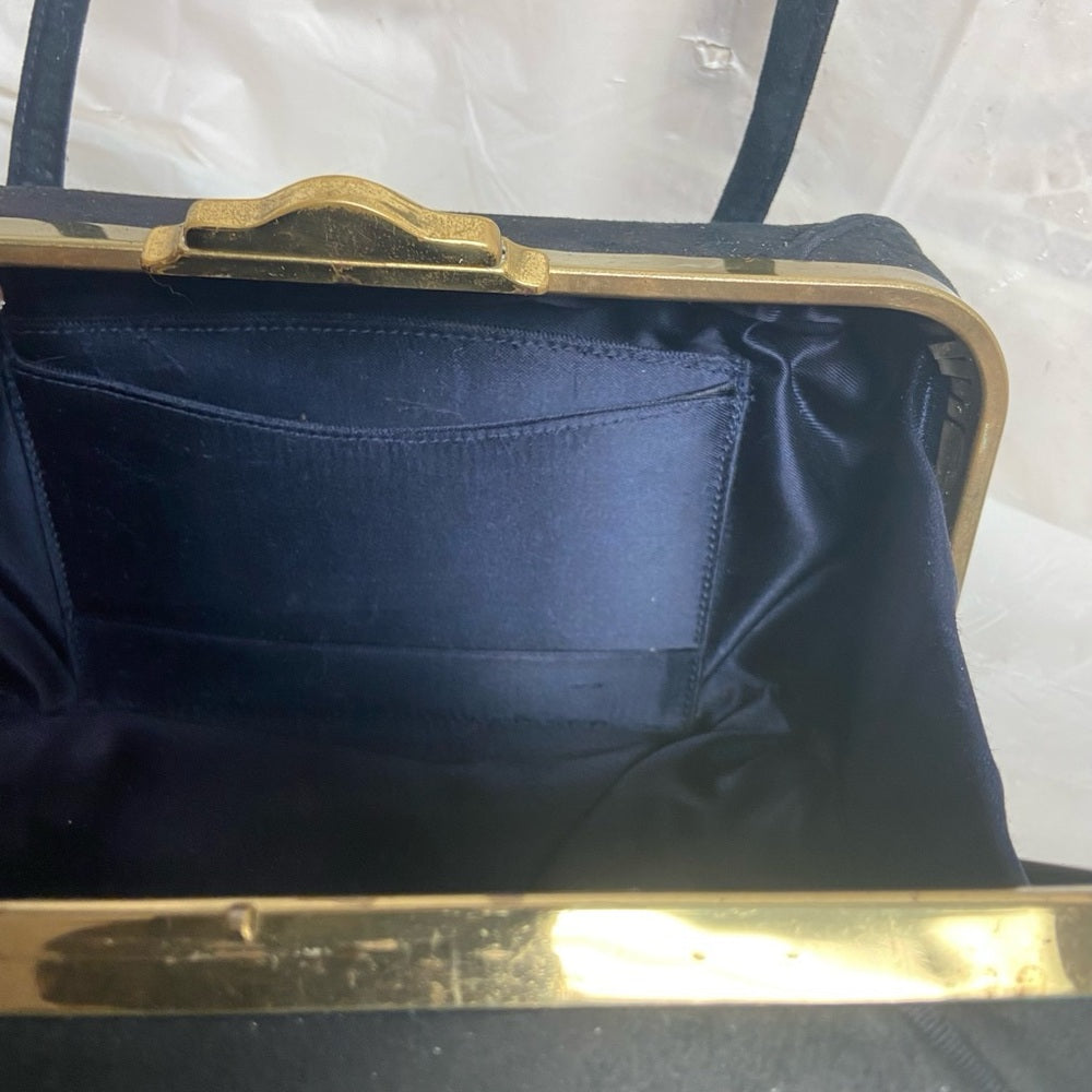 Vintage, Black Suede Leather, Boxy Gold Clasp Handbag 8in x 4.5in x 3.5in