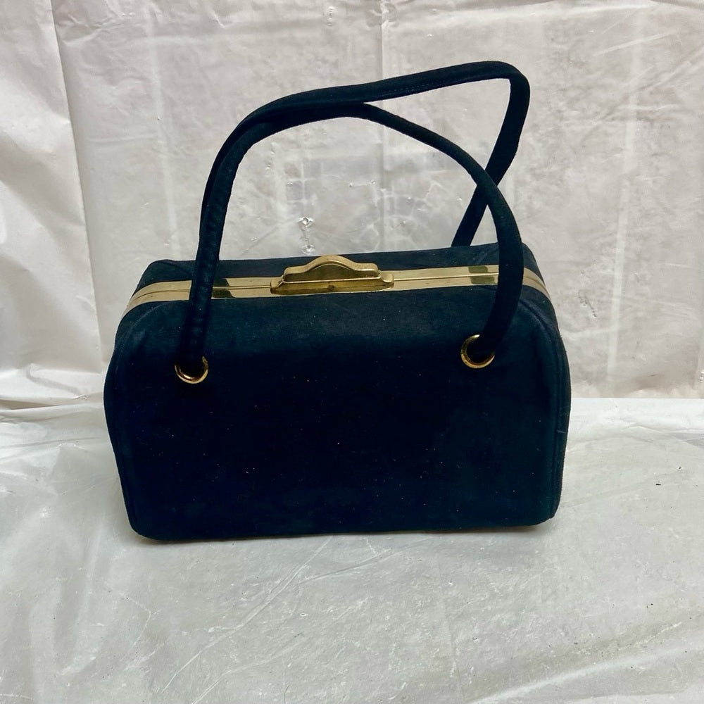 Vintage, Black Suede Leather, Boxy Gold Clasp Handbag 8in x 4.5in x 3.5in
