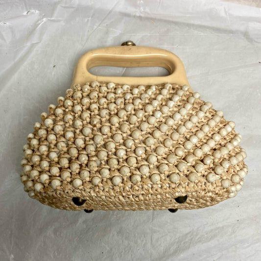Vintage, Macramé Beaded Bag with Lucite Clasp 7in x 5.5in x 3in