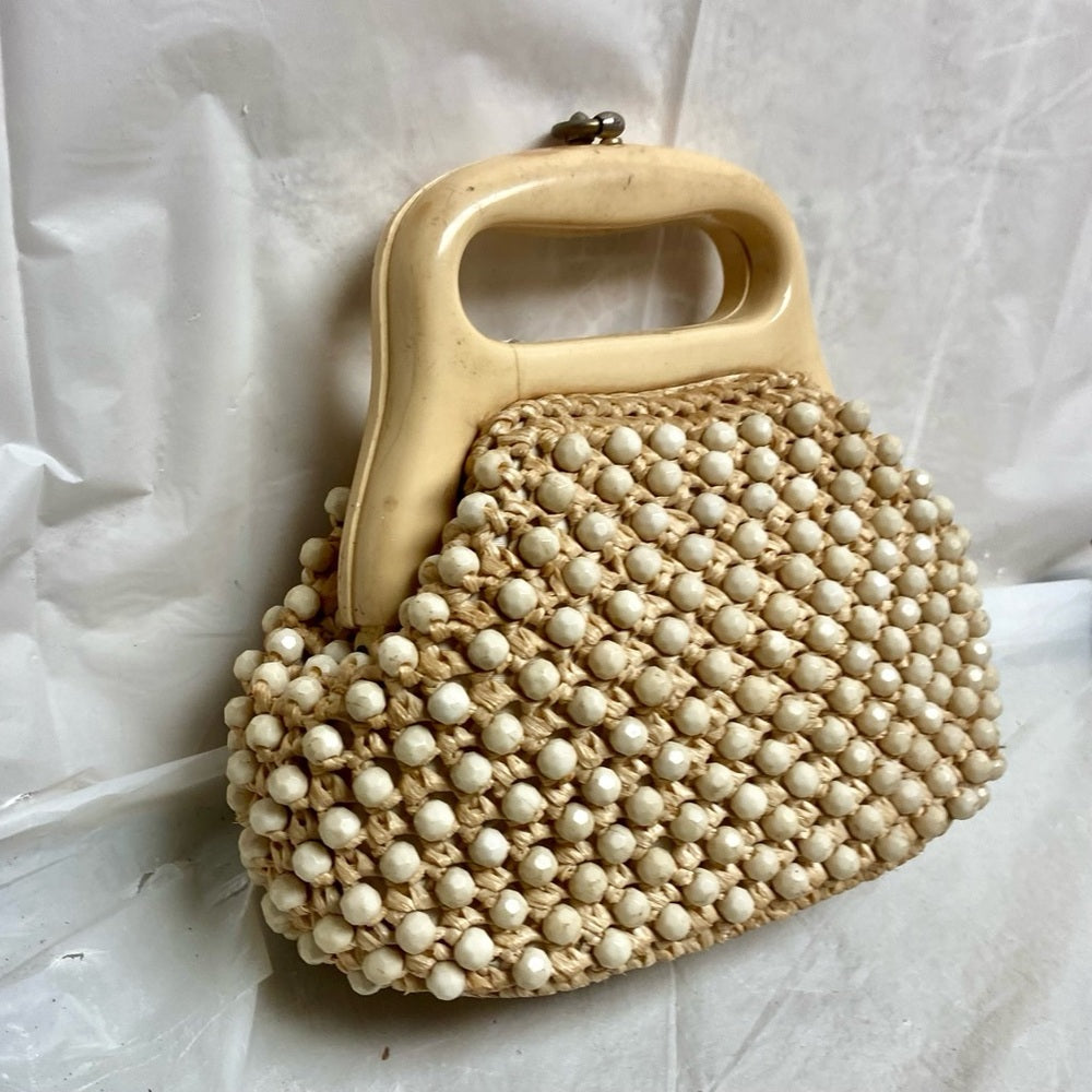 Vintage, Macramé Beaded Bag with Lucite Clasp 7in x 5.5in x 3in