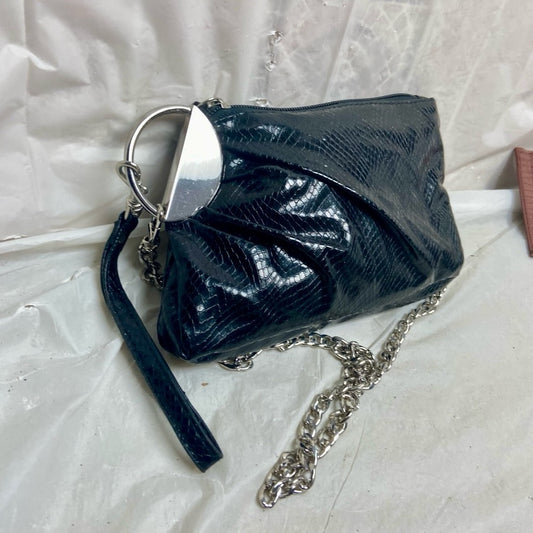Vintage, Black Faux Snakeskin - Silver Accent Wristlet -Shoulder Bag