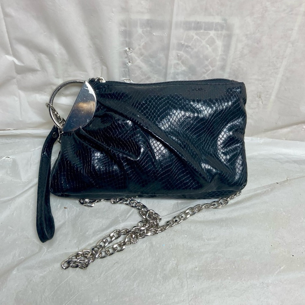 Vintage, Black Faux Snakeskin - Silver Accent Wristlet -Shoulder Bag