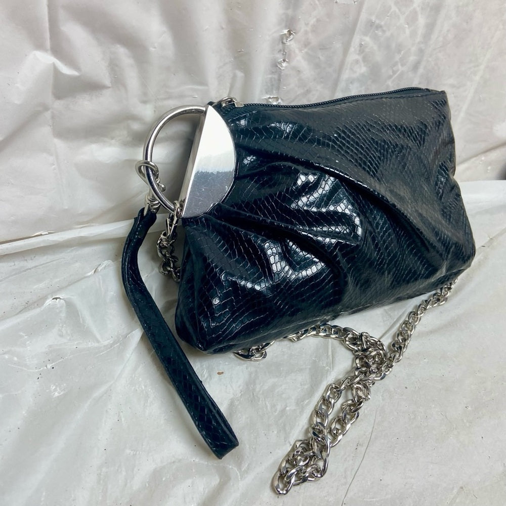 Vintage, Black Faux Snakeskin - Silver Accent Wristlet -Shoulder Bag