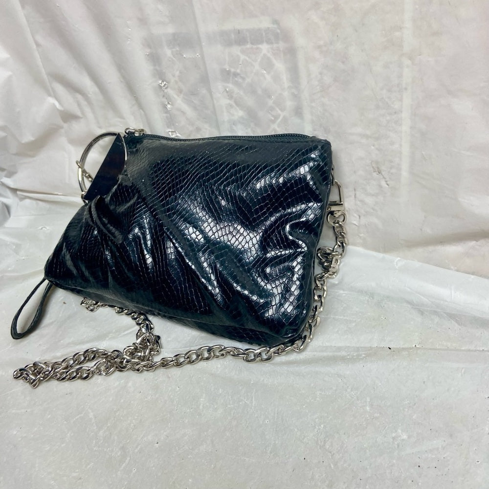 Vintage, Black Faux Snakeskin - Silver Accent Wristlet -Shoulder Bag