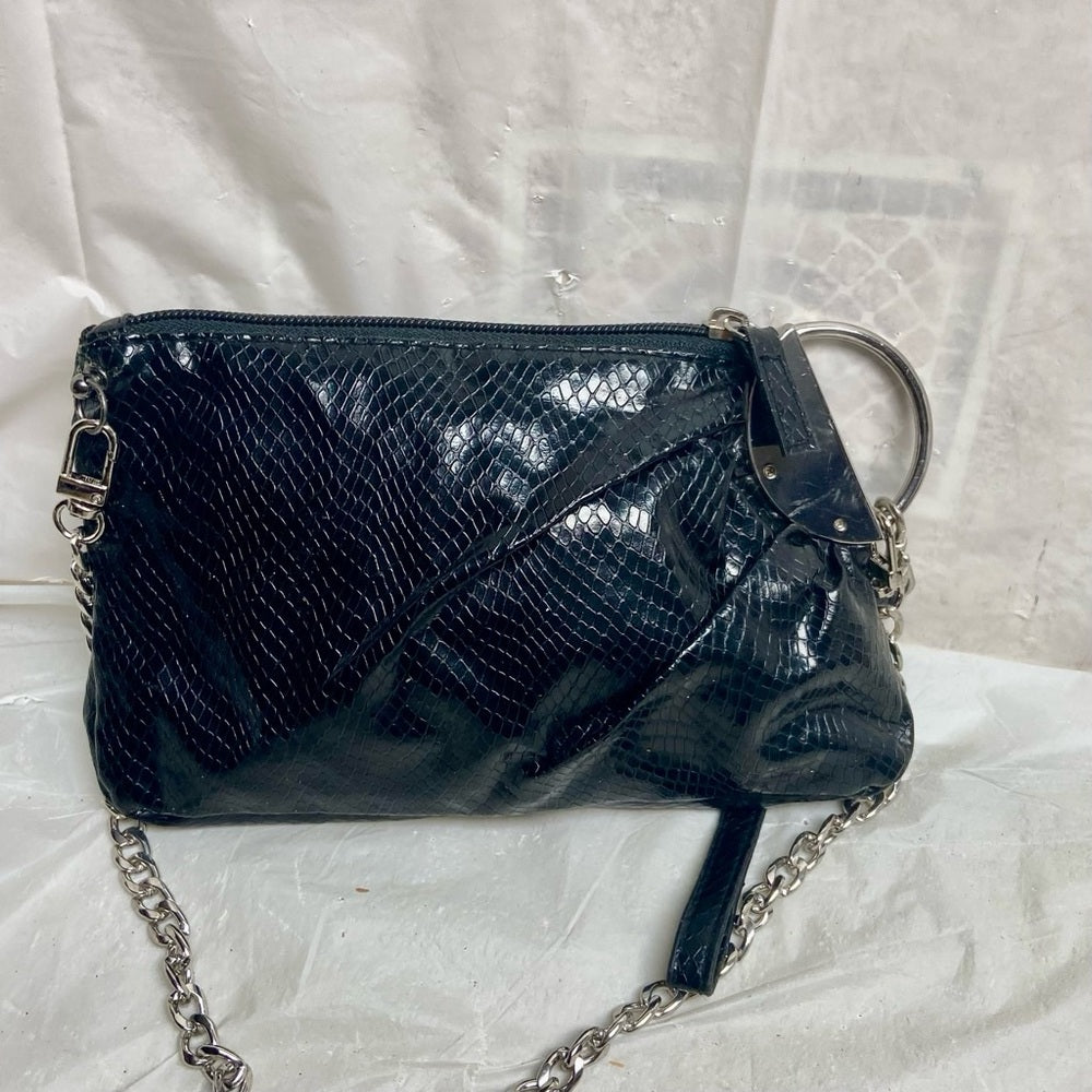 Vintage, Black Faux Snakeskin - Silver Accent Wristlet -Shoulder Bag
