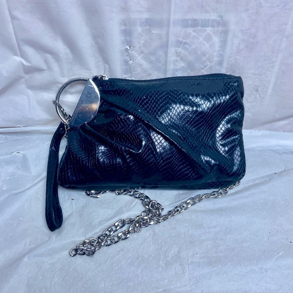 Vintage, Black Faux Snakeskin - Silver Accent Wristlet -Shoulder Bag
