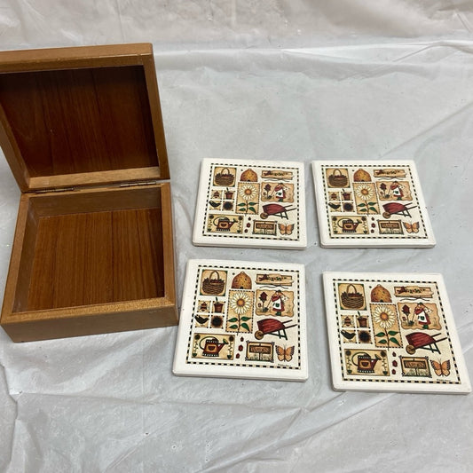 4pc Ceramic Spring Design Coasters in Original Wooden Box.
