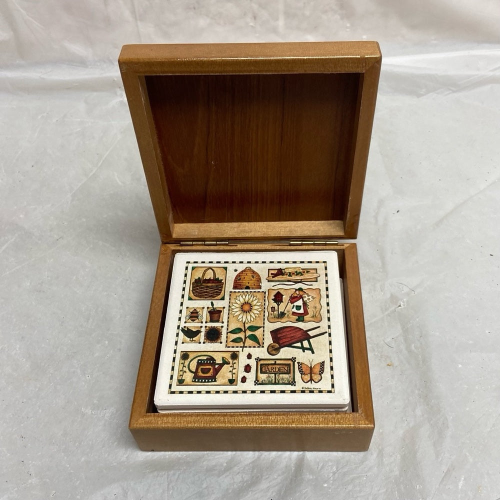 4pc Ceramic Spring Design Coasters in Original Wooden Box.