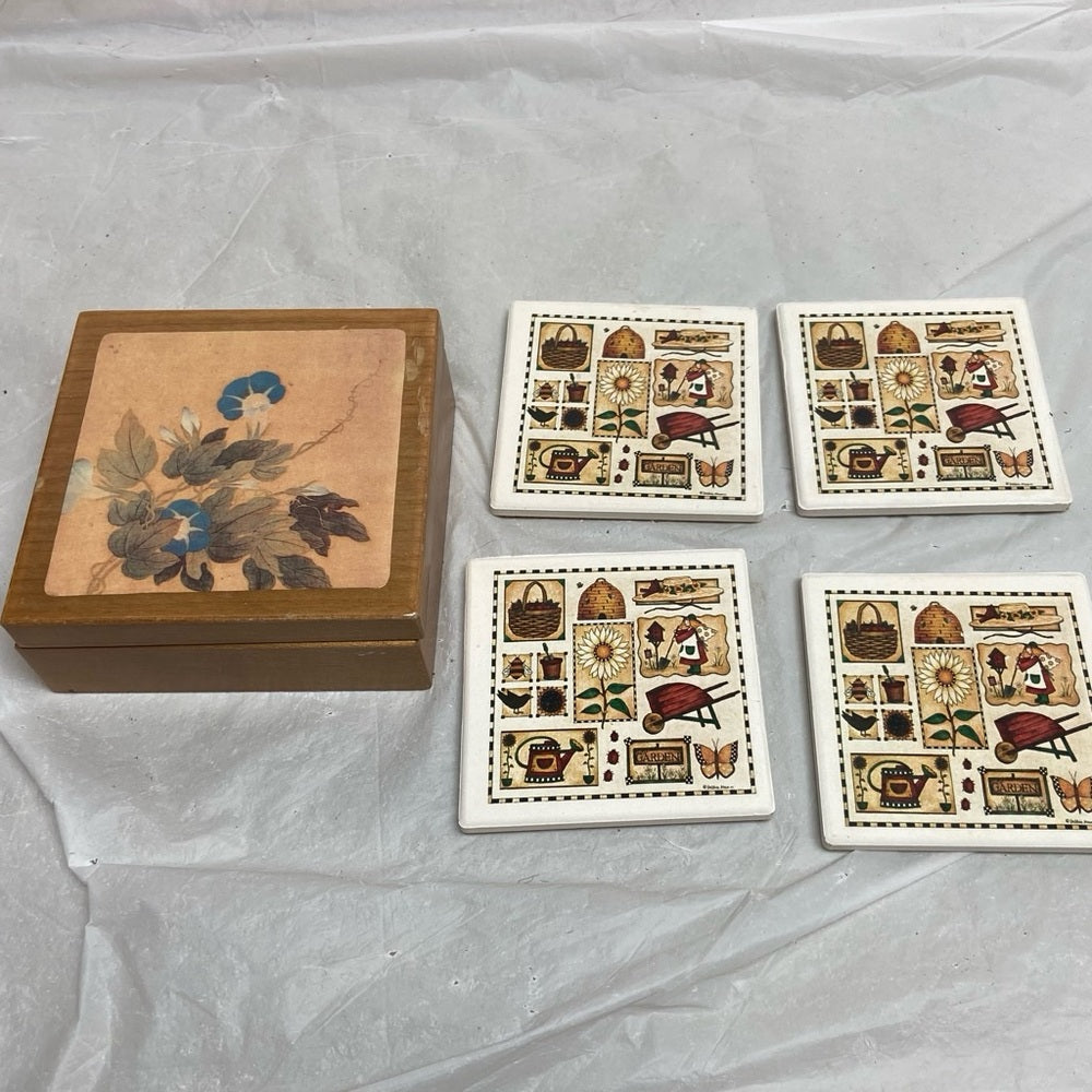 4pc Ceramic Spring Design Coasters in Original Wooden Box.