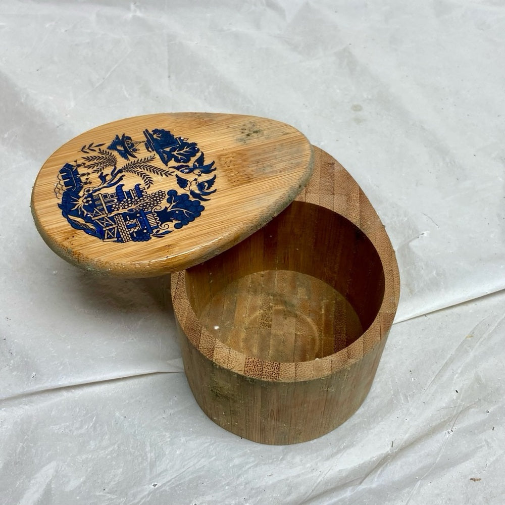 Vintage Blue Willow Wood-Bamboo Tea, Coffee or Sugar Jar