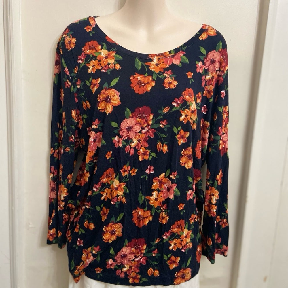 Eat. 1946 Black-Orange Floral Pullover Blouse (L)