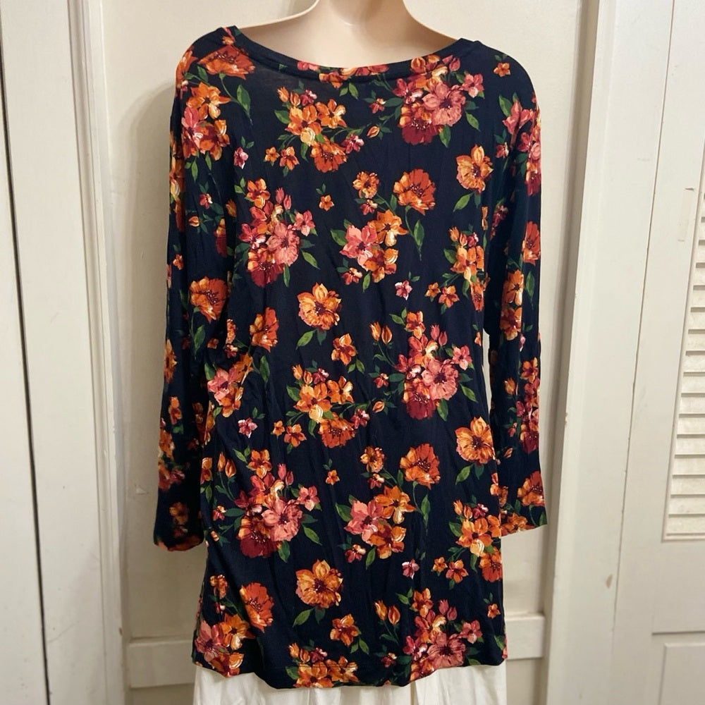 Eat. 1946 Black-Orange Floral Pullover Blouse (L)