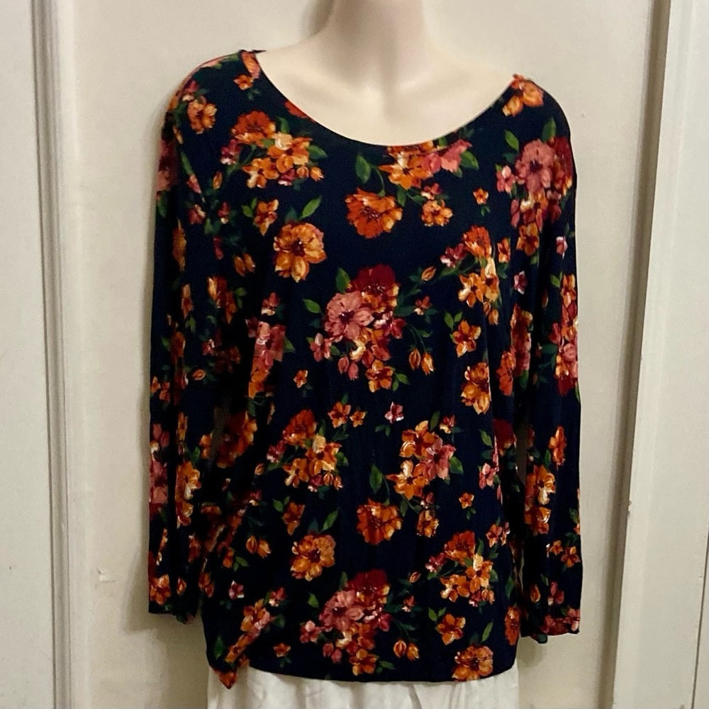Eat. 1946 Black-Orange Floral Pullover Blouse (L)