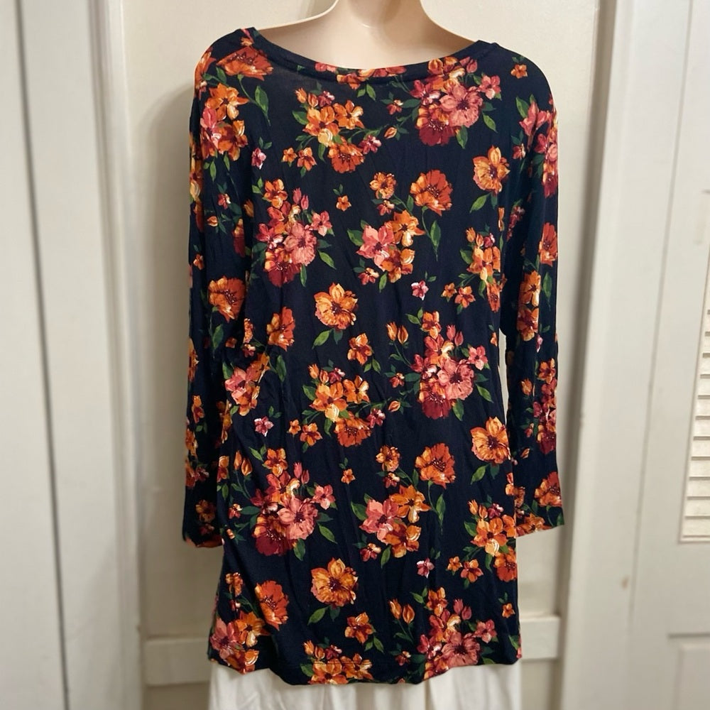 Eat. 1946 Black-Orange Floral Pullover Blouse (L)