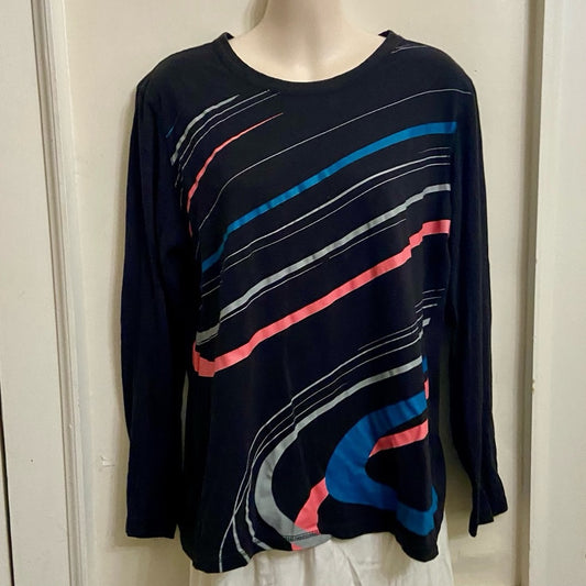 Stunning Black with Colorful Design Pullover Blouse (L)