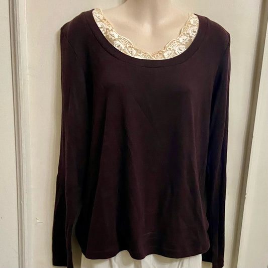 Brown with Beige Lace Pullover Sweater Blouse (M)