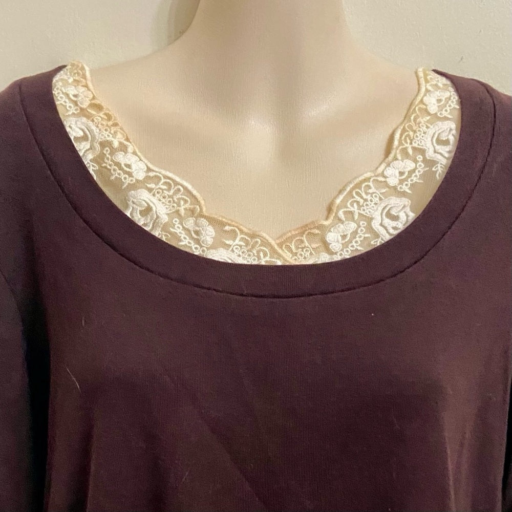 Brown with Beige Lace Pullover Sweater Blouse (M)