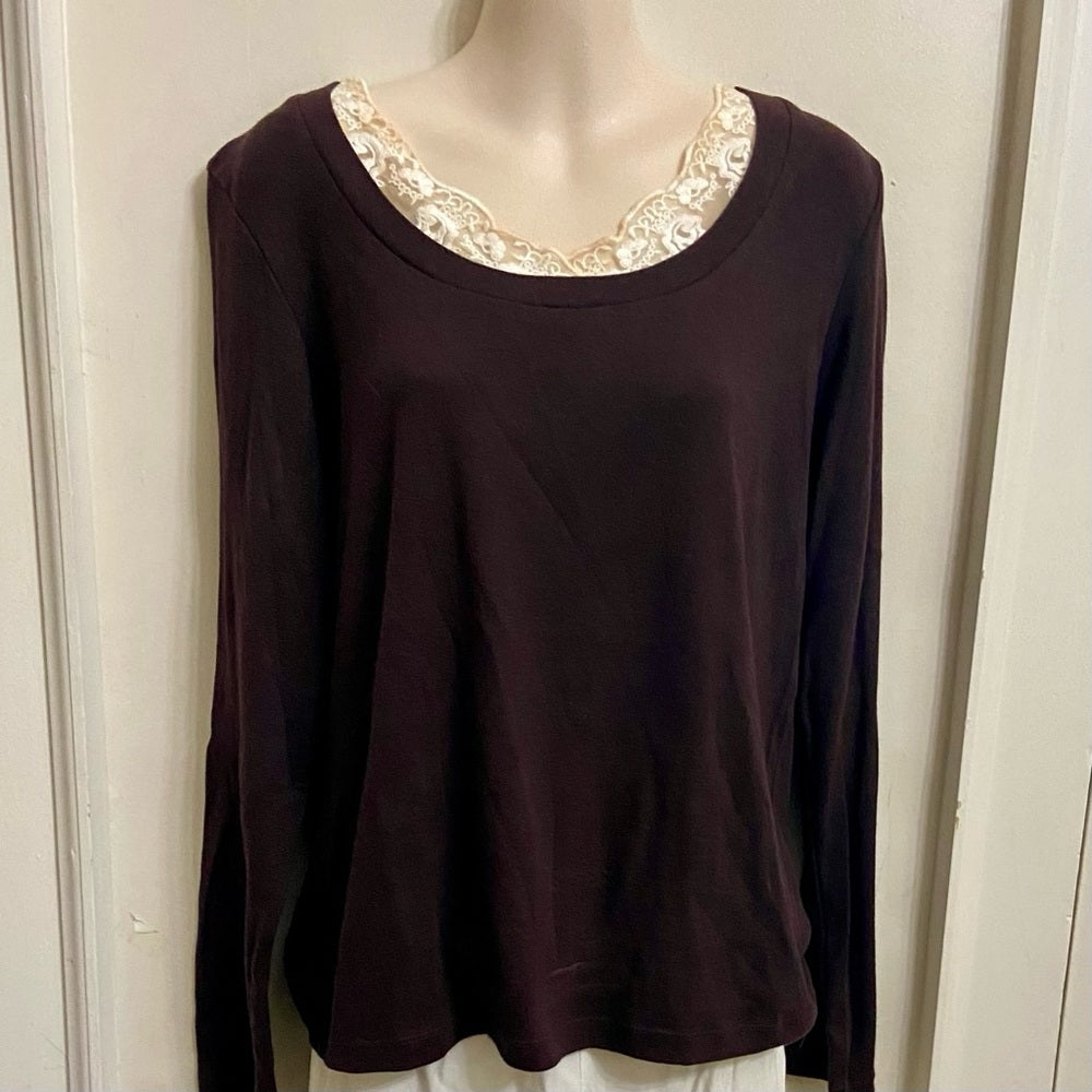 Brown with Beige Lace Pullover Sweater Blouse (M)