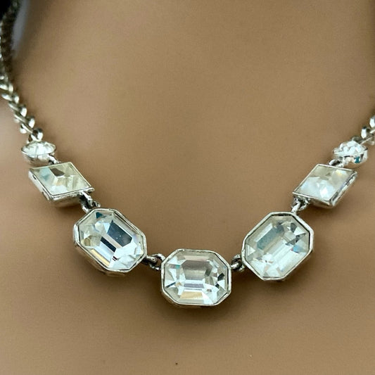 Vintage Givenchy Silver Tone Necklace- Chunky Crystals Necklace and Earrings Set