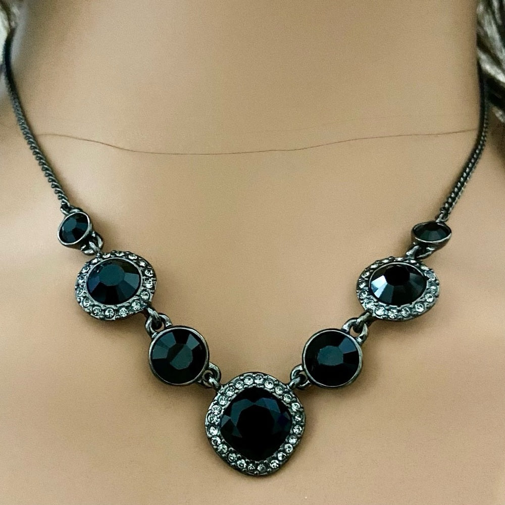 Vintage, Givenchy Black -Crystals Necklace and Dangling Earrings