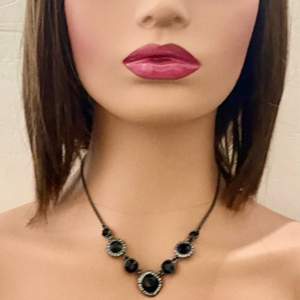 Vintage, Givenchy Black -Crystals Necklace and Dangling Earrings