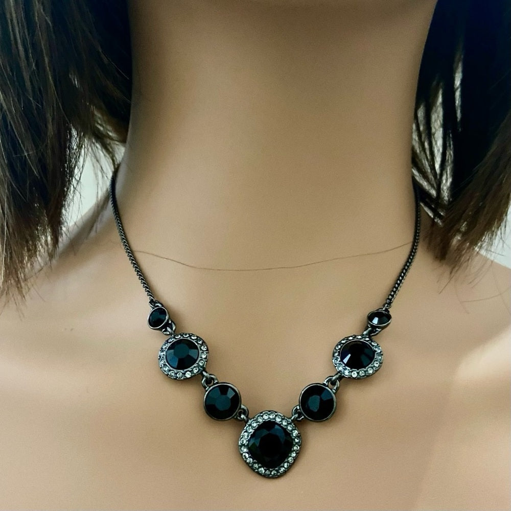 Vintage, Givenchy Black -Crystals Necklace and Dangling Earrings