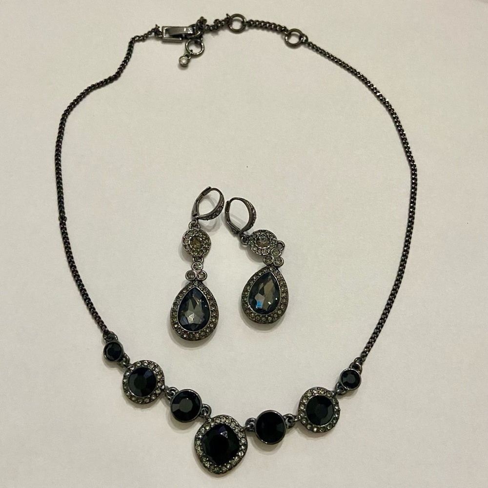 Vintage, Givenchy Black -Crystals Necklace and Dangling Earrings