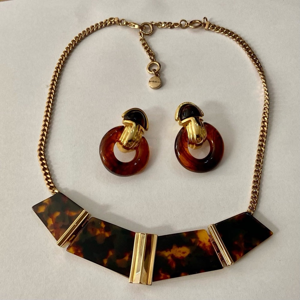 Vintage, Givenchy Gold Tone- Tortoise Chunky 20-in Necklace with Earrings