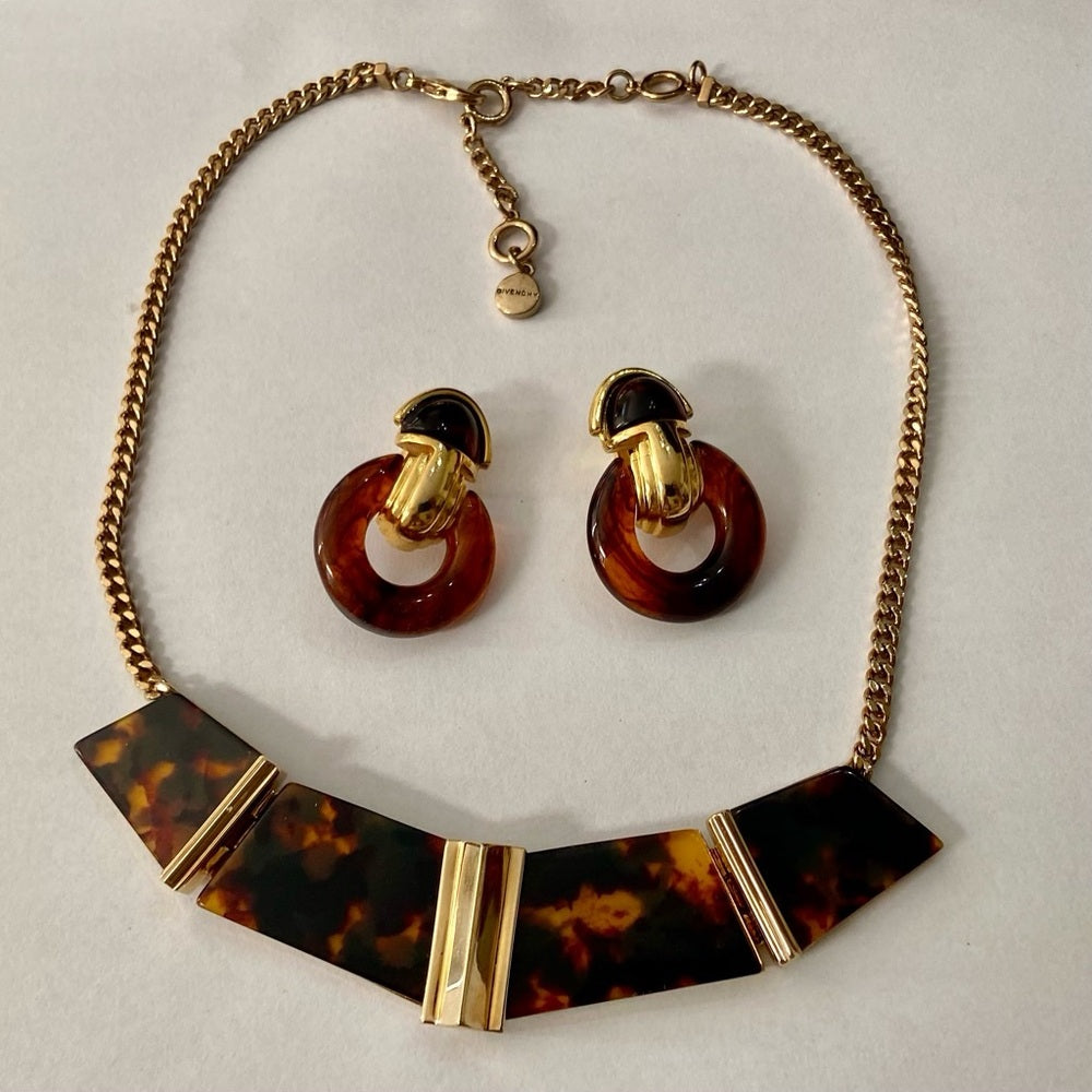 Vintage, Givenchy Gold Tone- Tortoise Chunky 20-in Necklace with Earrings
