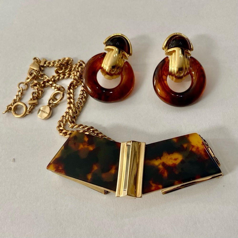 Vintage, Givenchy Gold Tone- Tortoise Chunky 20-in Necklace with Earrings