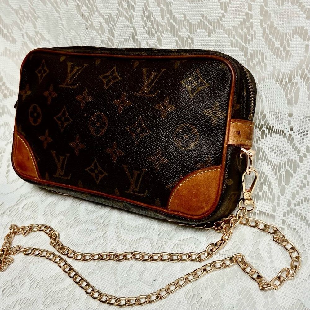 Authentic, Louis Vuitton Brown Mono Trocadero Clutch/ Crossbody 9in x 5in x 2in