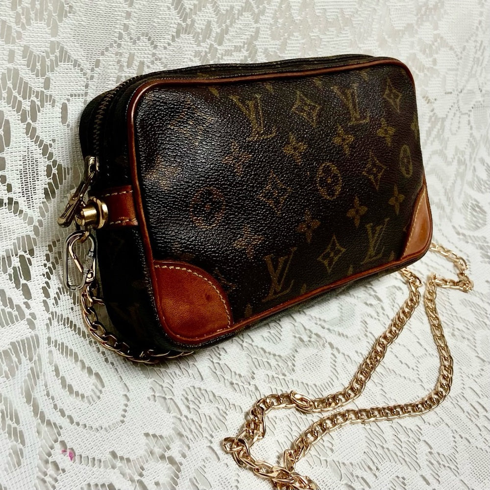Authentic, Louis Vuitton Brown Mono Trocadero Clutch/ Crossbody 9in x 5in x 2in