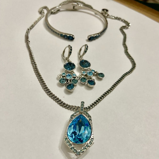 Vintage Givenchy Blue Crystals-Silver Necklace,Cuff Bangle and Dangling Earrings